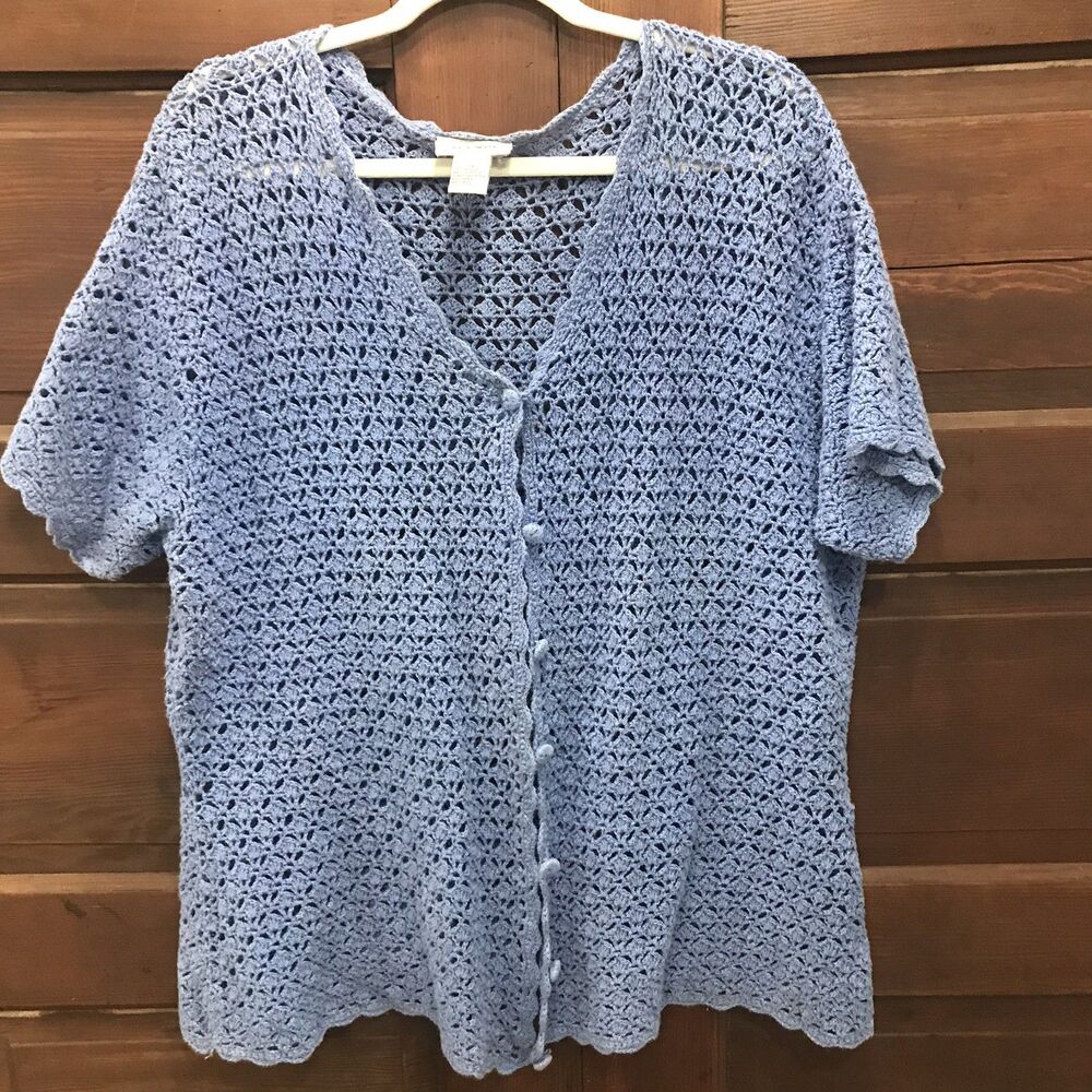 Avenue Size 4X Periwinkle Short-Sleeve Crochet Knit Cardigan Button Up